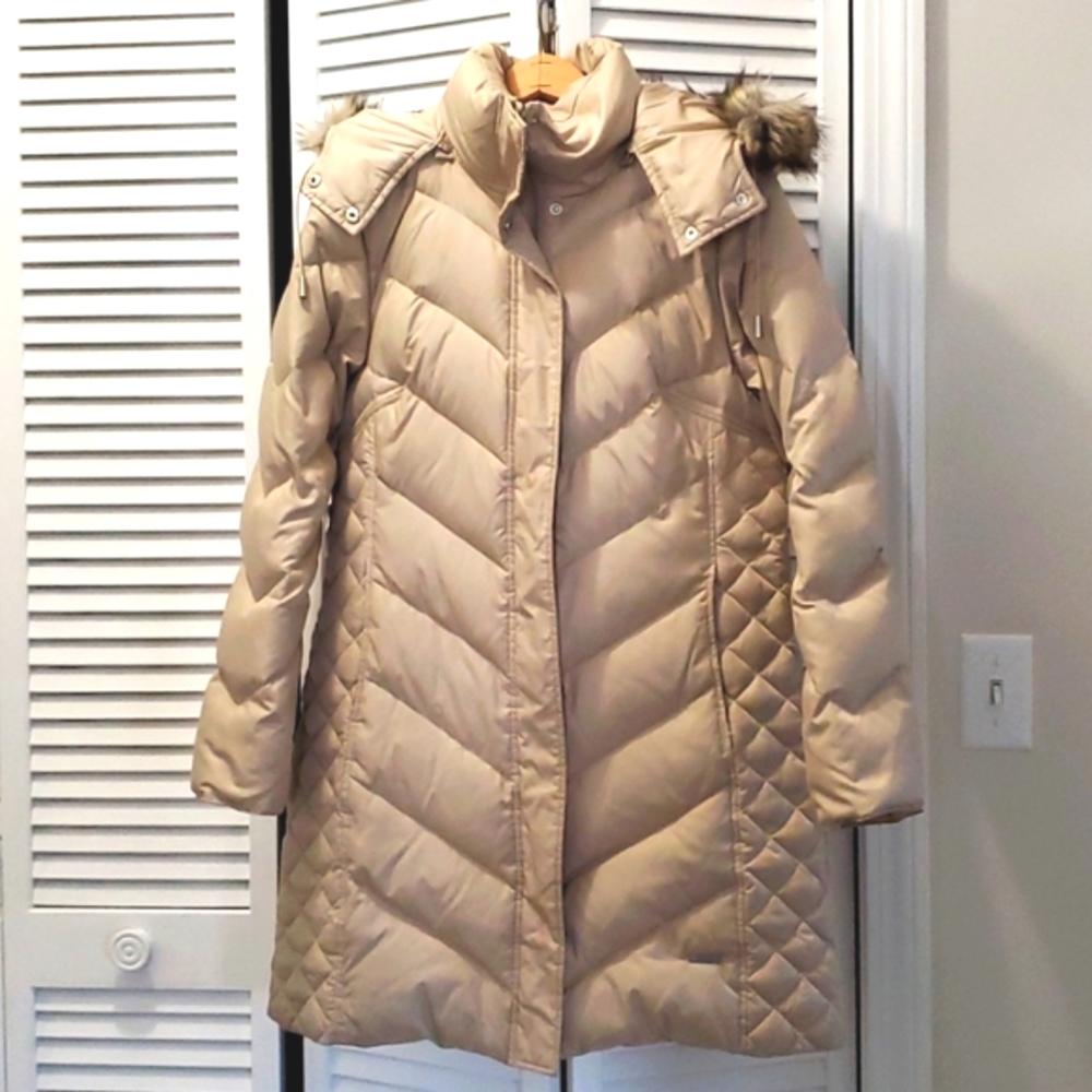 Kenneth Cole Reaction Medium Down Long Coat with faux fur hood